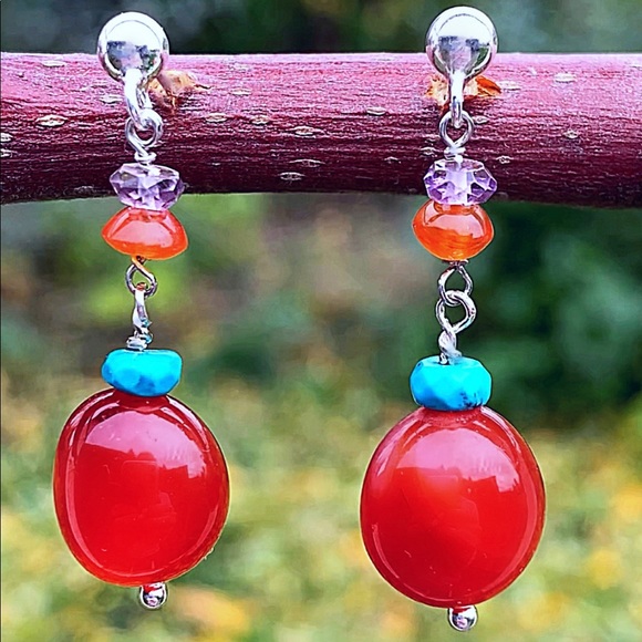 Jewelry - Red Carnelian, Turquoise & Amethyst Earrings!